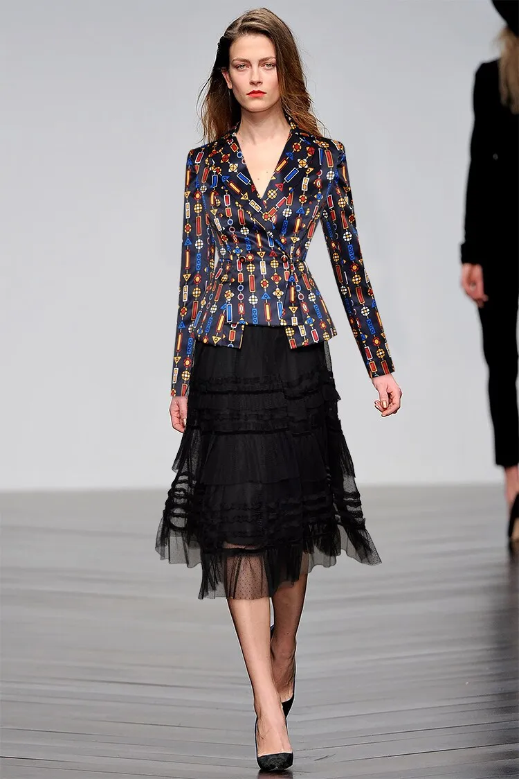 Dana Long sleeve Stripe Print Suit Tops Mesh Skirt Two-piece set
