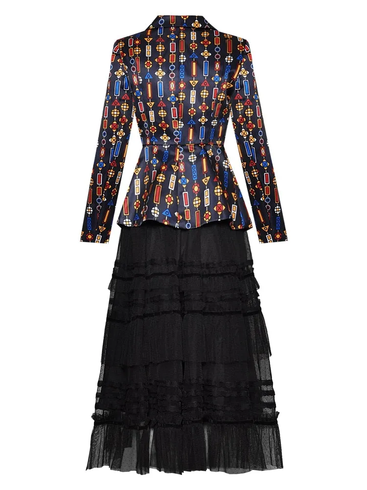 Dana Long sleeve Stripe Print Suit Tops Mesh Skirt Two-piece set
