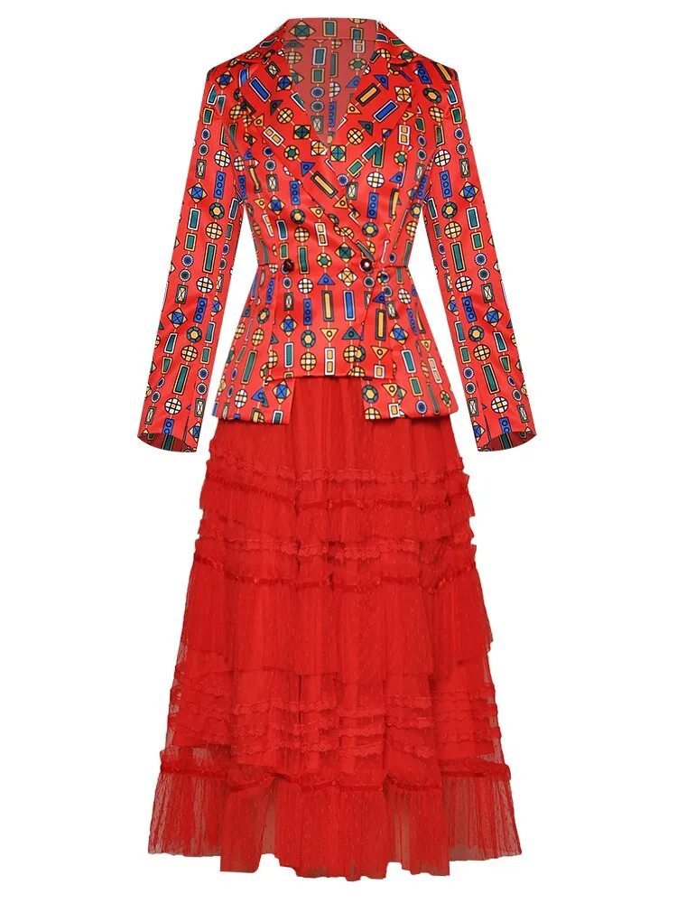Dana Long sleeve Stripe Print Suit Tops Mesh Skirt Two-piece set