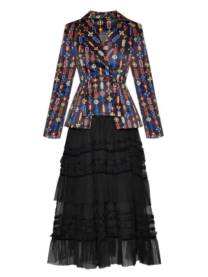 Dana Long sleeve Stripe Print Suit Tops Mesh Skirt Two-piece set