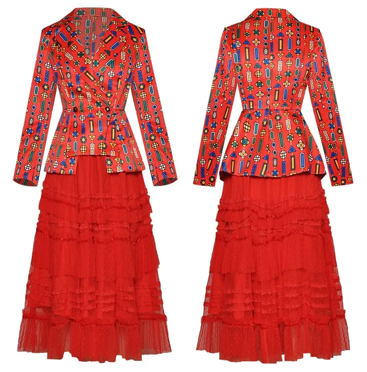 Dana Long sleeve Stripe Print Suit Tops Mesh Skirt Two-piece set