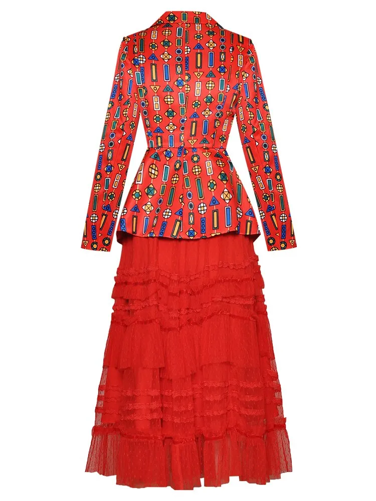 Dana Long sleeve Stripe Print Suit Tops Mesh Skirt Two-piece set