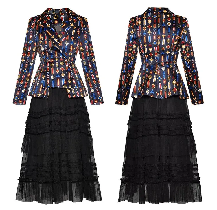 Dana Long sleeve Stripe Print Suit Tops Mesh Skirt Two-piece set