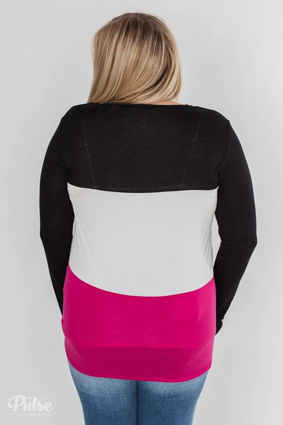 Don't Turn Back Long Sleeve Color Block Top- Black, Ivory, Pink