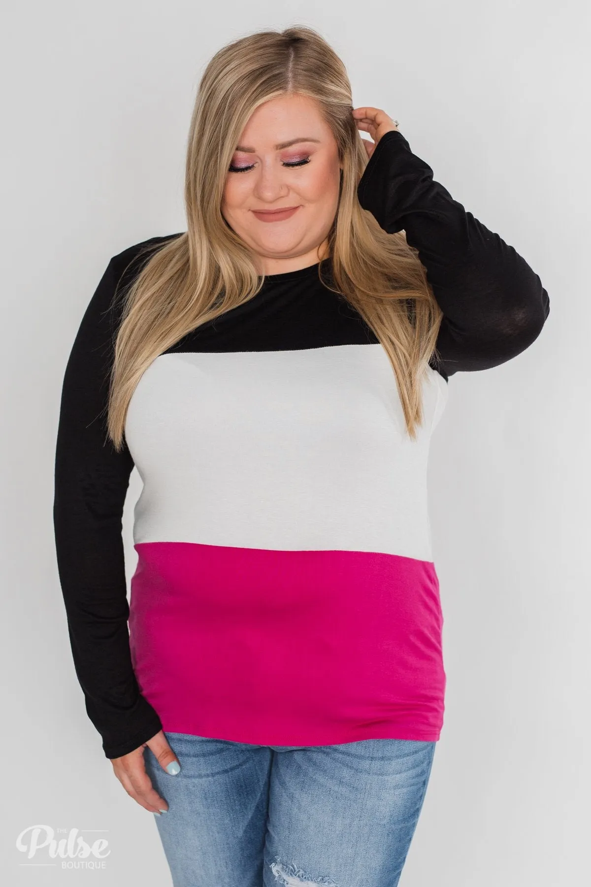 Don't Turn Back Long Sleeve Color Block Top- Black, Ivory, Pink