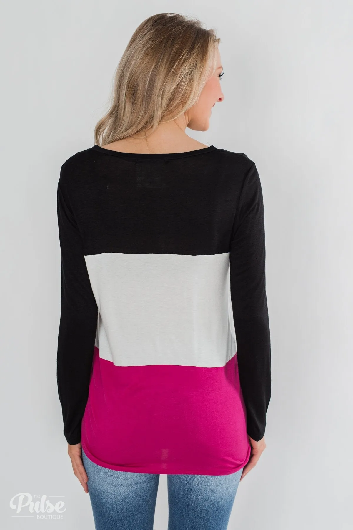 Don't Turn Back Long Sleeve Color Block Top- Black, Ivory, Pink