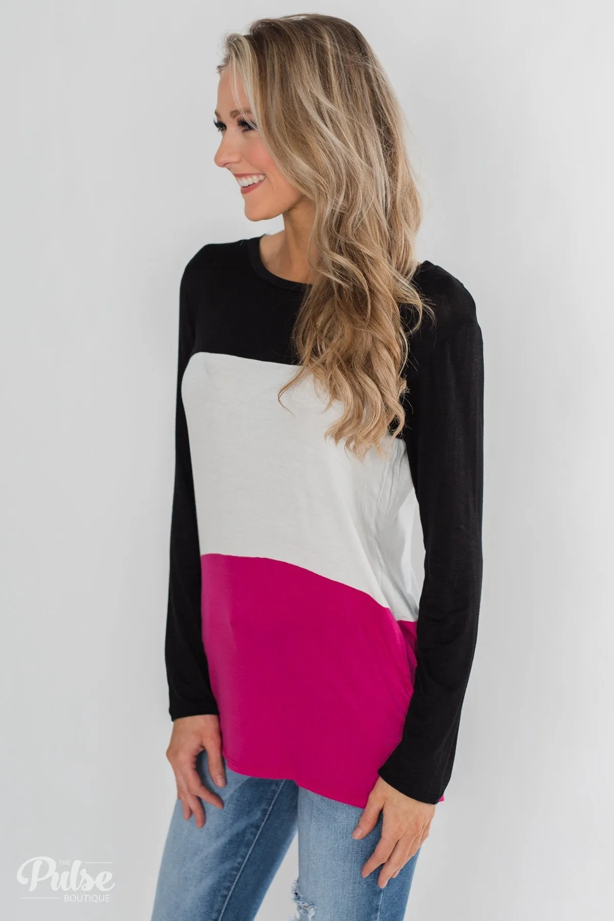 Don't Turn Back Long Sleeve Color Block Top- Black, Ivory, Pink