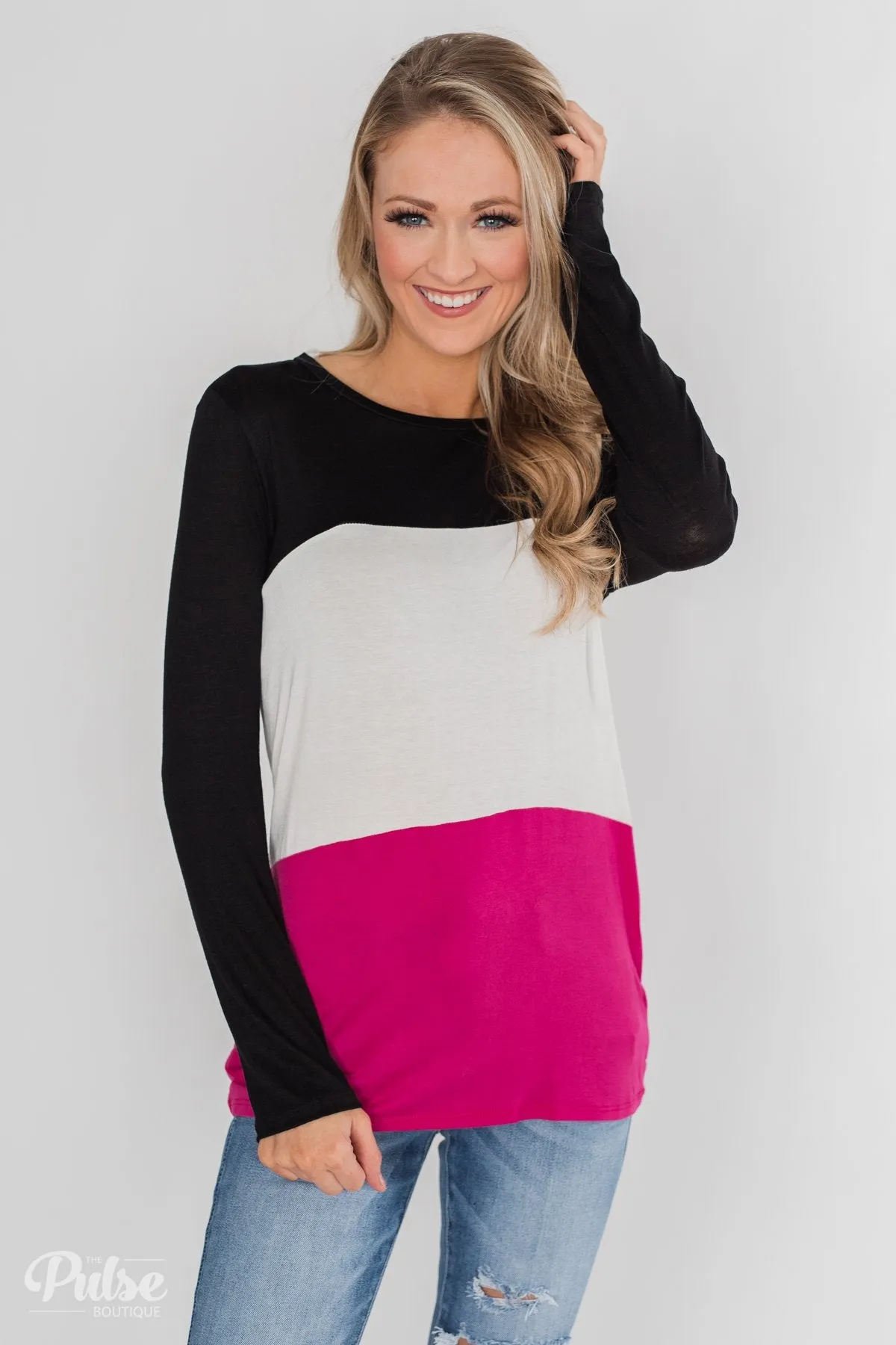 Don't Turn Back Long Sleeve Color Block Top- Black, Ivory, Pink