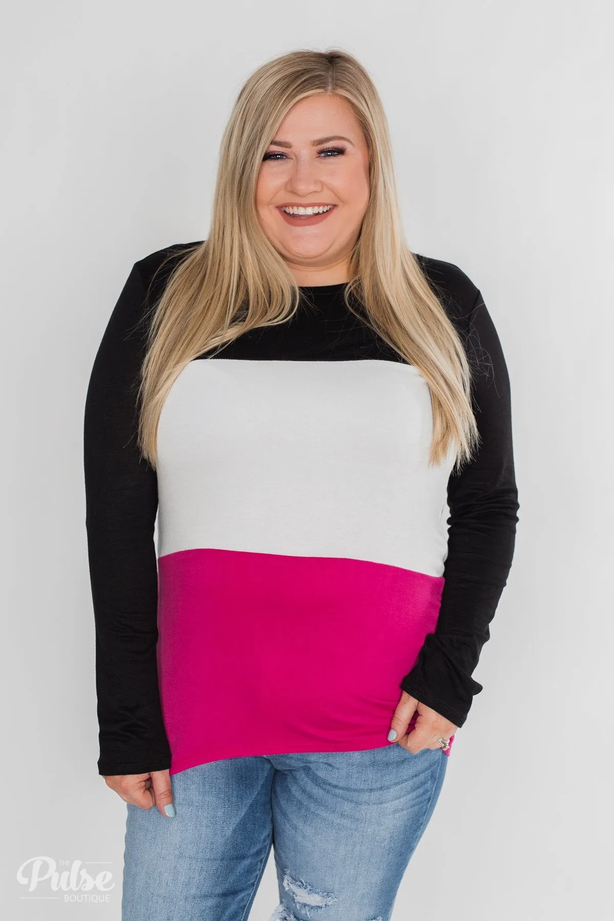 Don't Turn Back Long Sleeve Color Block Top- Black, Ivory, Pink