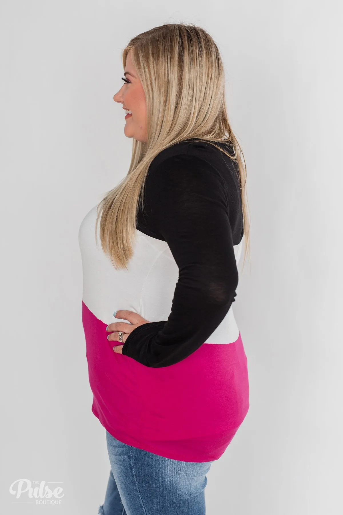 Don't Turn Back Long Sleeve Color Block Top- Black, Ivory, Pink