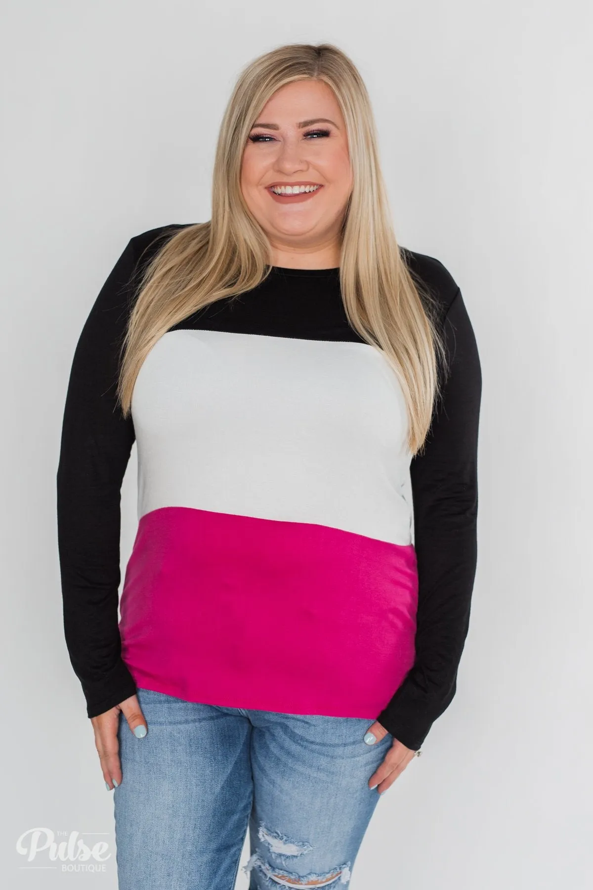 Don't Turn Back Long Sleeve Color Block Top- Black, Ivory, Pink