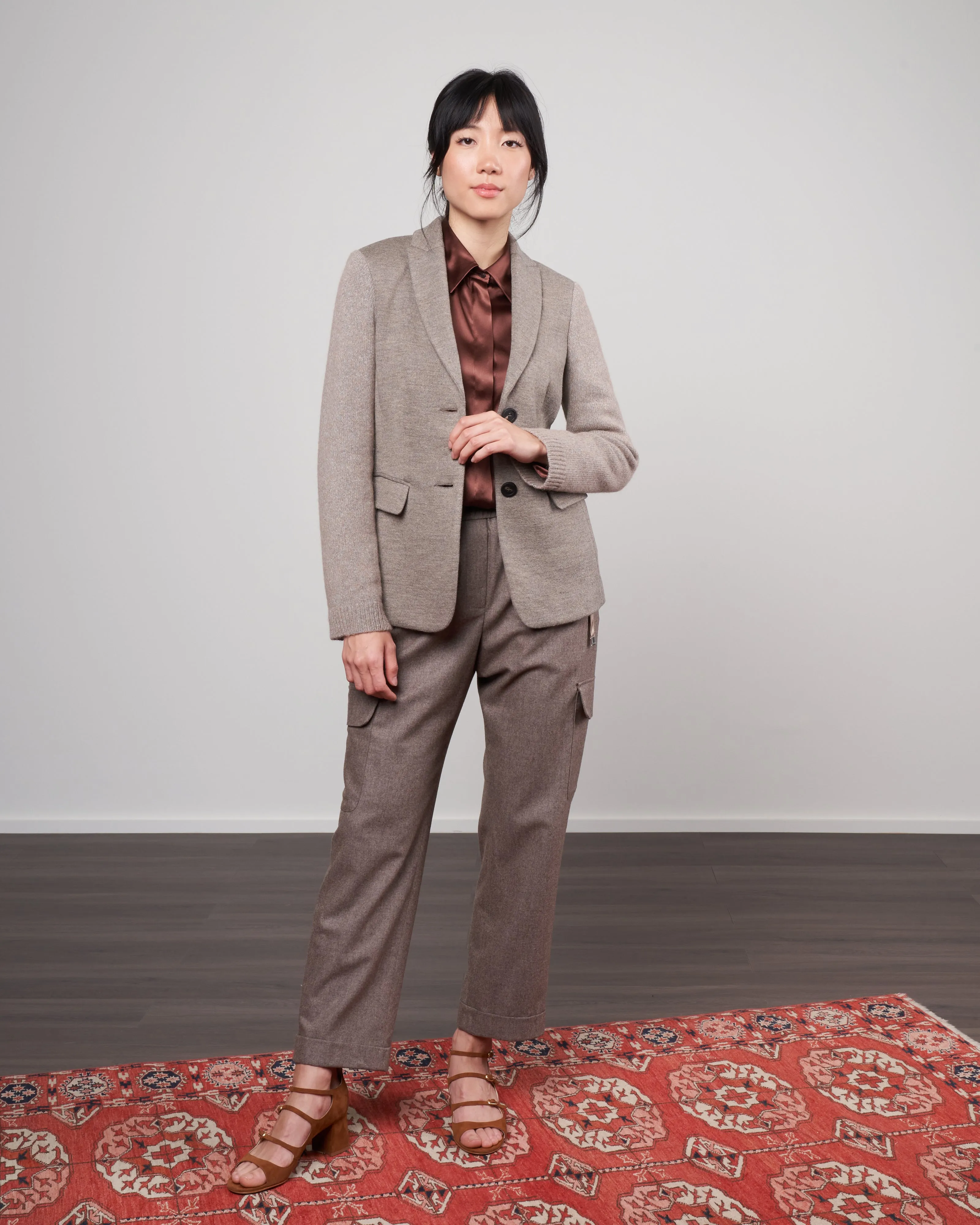 double wool blazer with knit sleeves - hazel grey melange