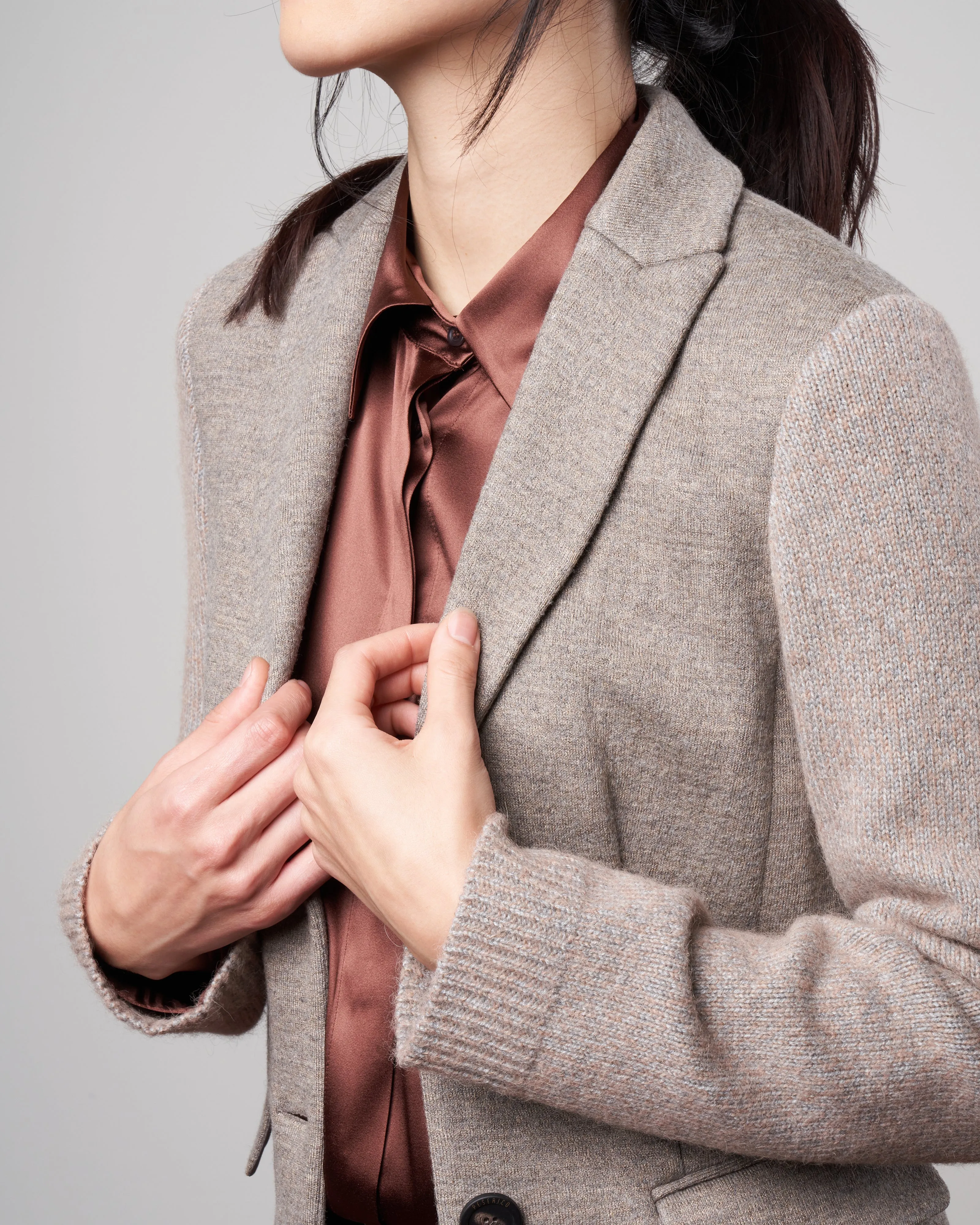 double wool blazer with knit sleeves - hazel grey melange