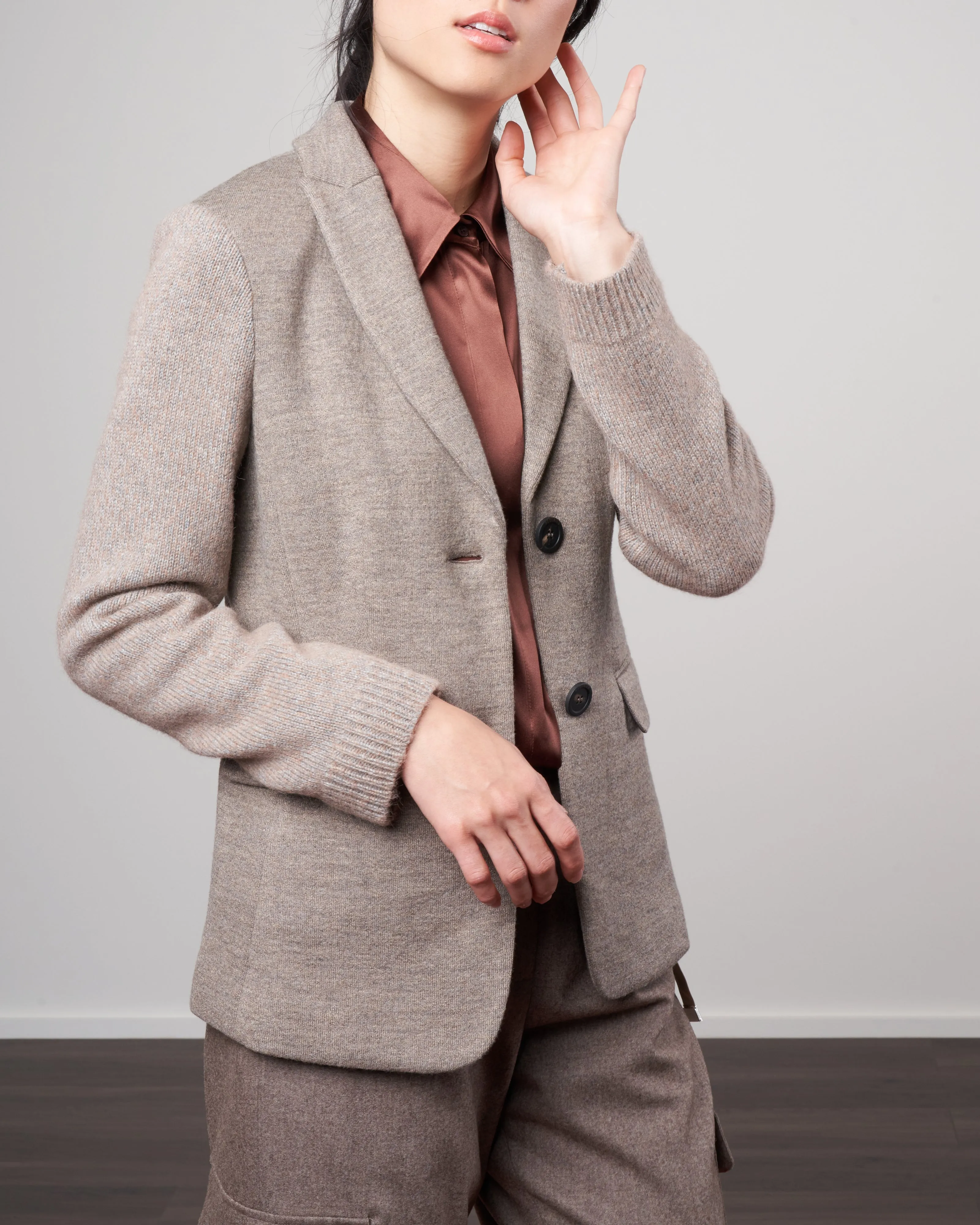 double wool blazer with knit sleeves - hazel grey melange
