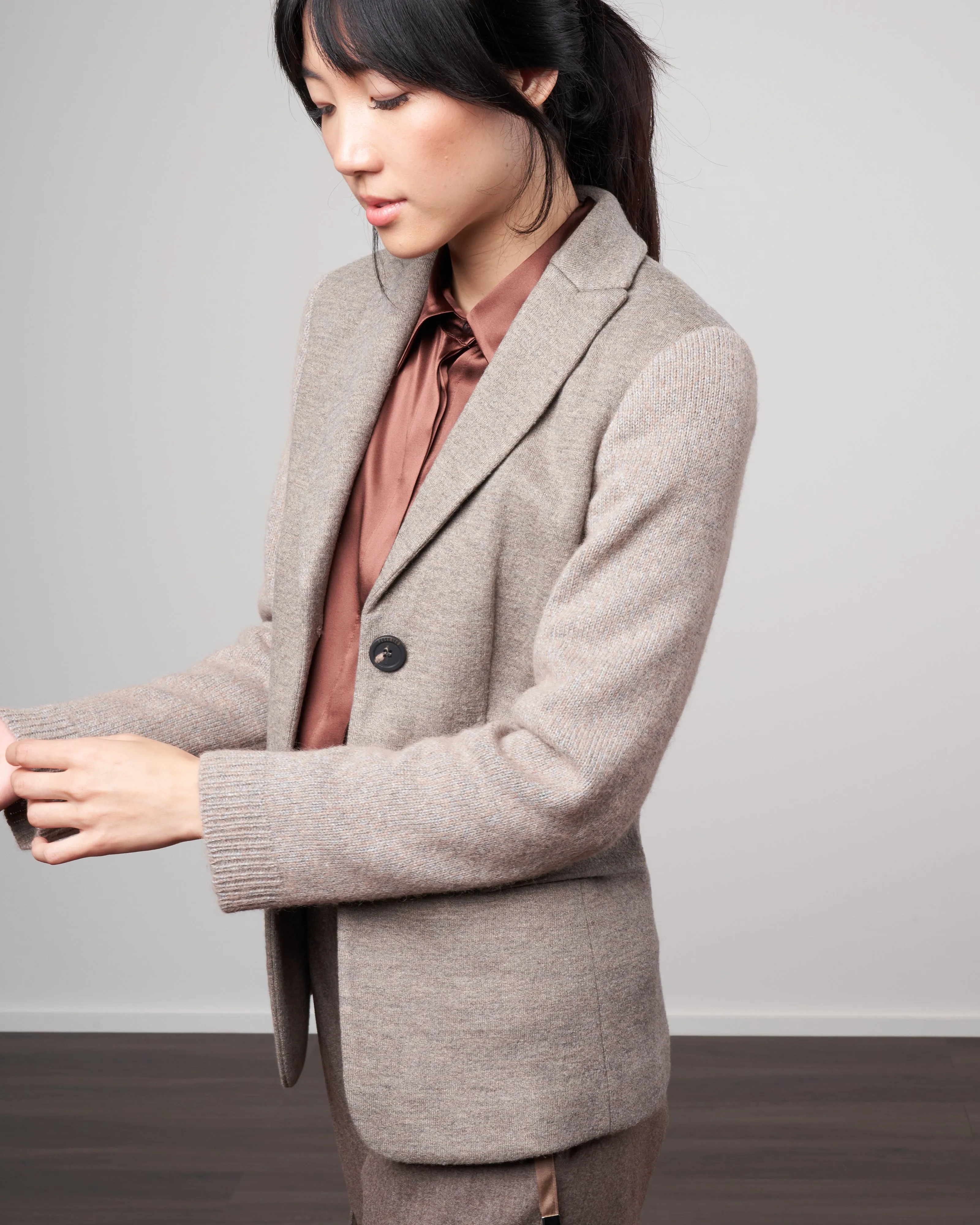 double wool blazer with knit sleeves - hazel grey melange