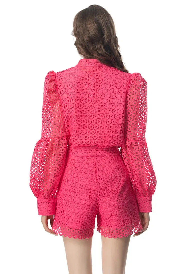 Dylan Single-Breasted Tops Casual Shorts Lace Hollow Out Crystal Appliques 2 Piece Set