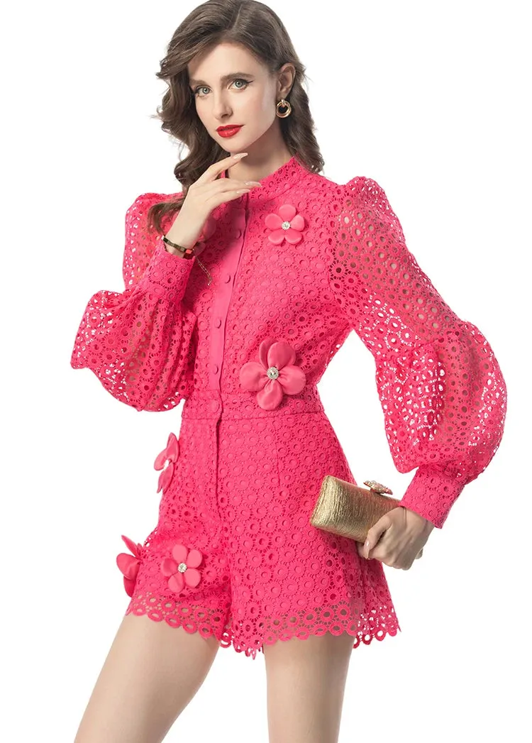 Dylan Single-Breasted Tops Casual Shorts Lace Hollow Out Crystal Appliques 2 Piece Set