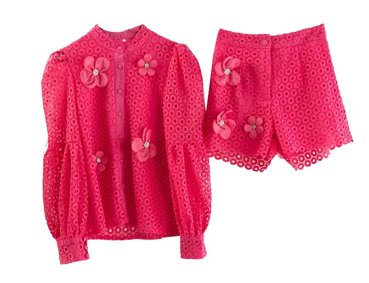 Dylan Single-Breasted Tops Casual Shorts Lace Hollow Out Crystal Appliques 2 Piece Set