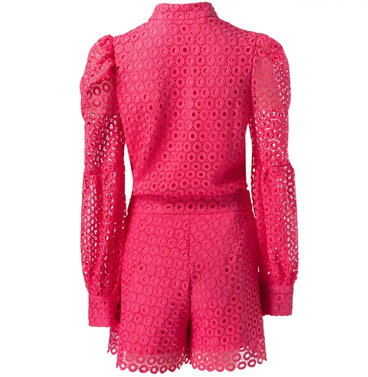 Dylan Single-Breasted Tops Casual Shorts Lace Hollow Out Crystal Appliques 2 Piece Set
