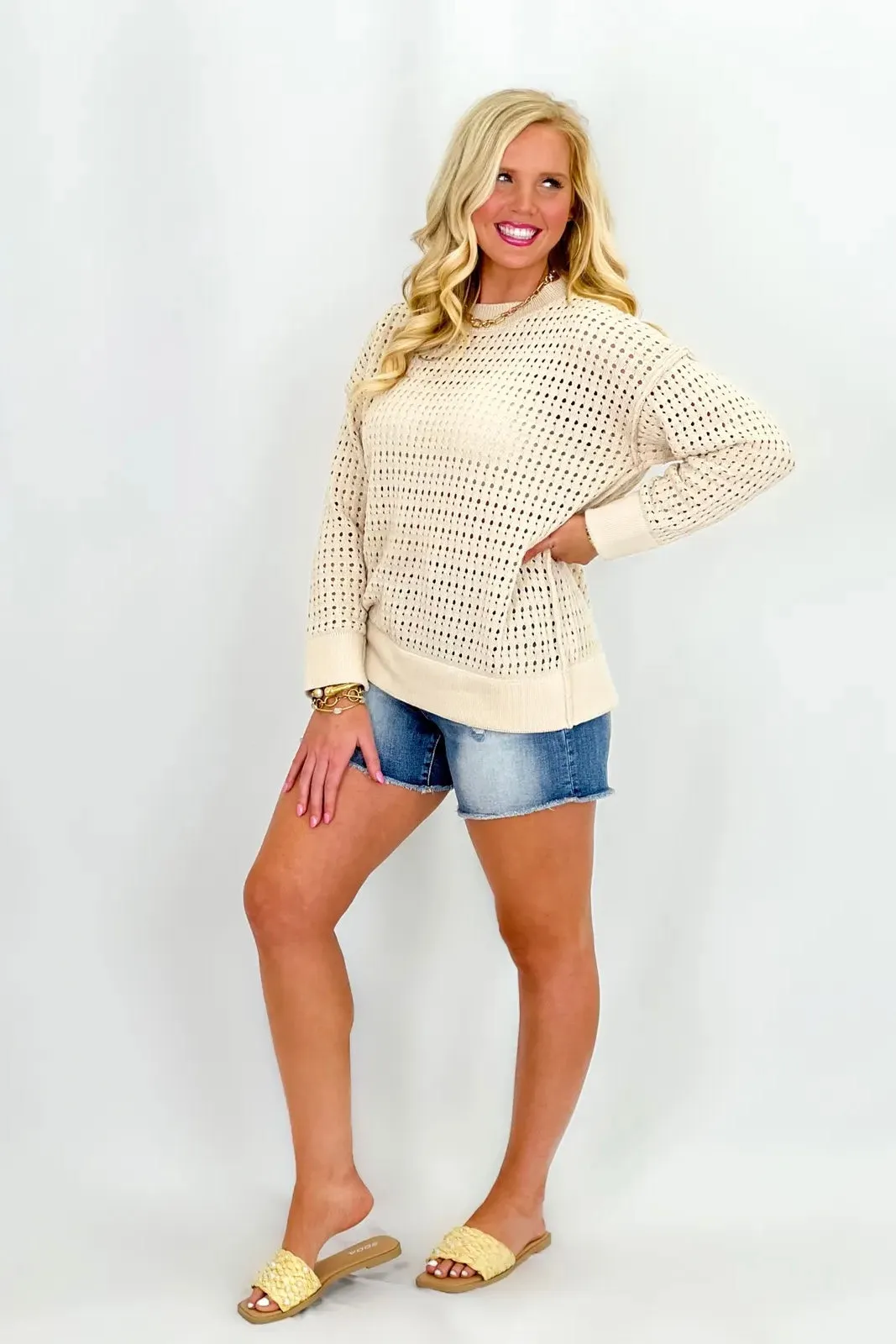 Ecru Open Knit Round Neck Sweater