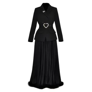 Emerald Single Elastic Waist Pleated  Big Swing Feathers Skirt 2 piece Set