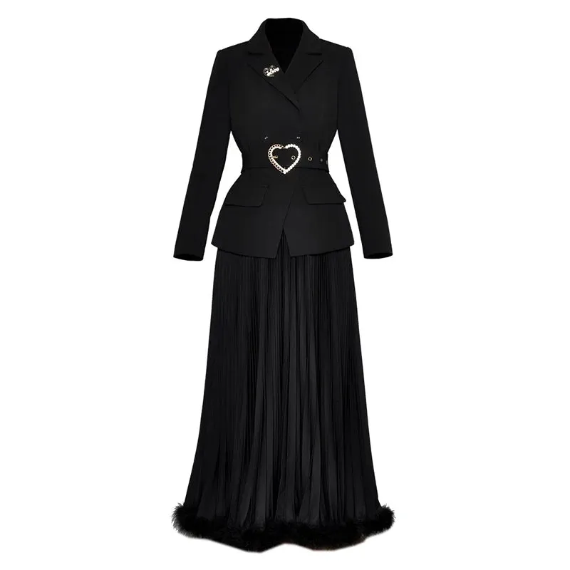Emerald Single Elastic Waist Pleated  Big Swing Feathers Skirt 2 piece Set