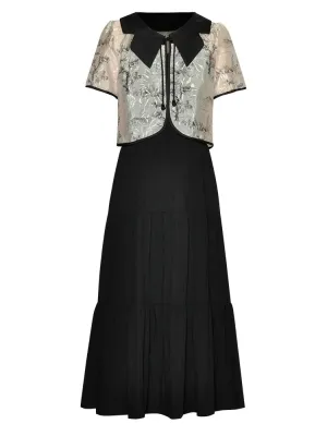 Esperanza Vintage Turn-down Collar Single Buckle Coat Solid Color Spaghetti Strap Dress
