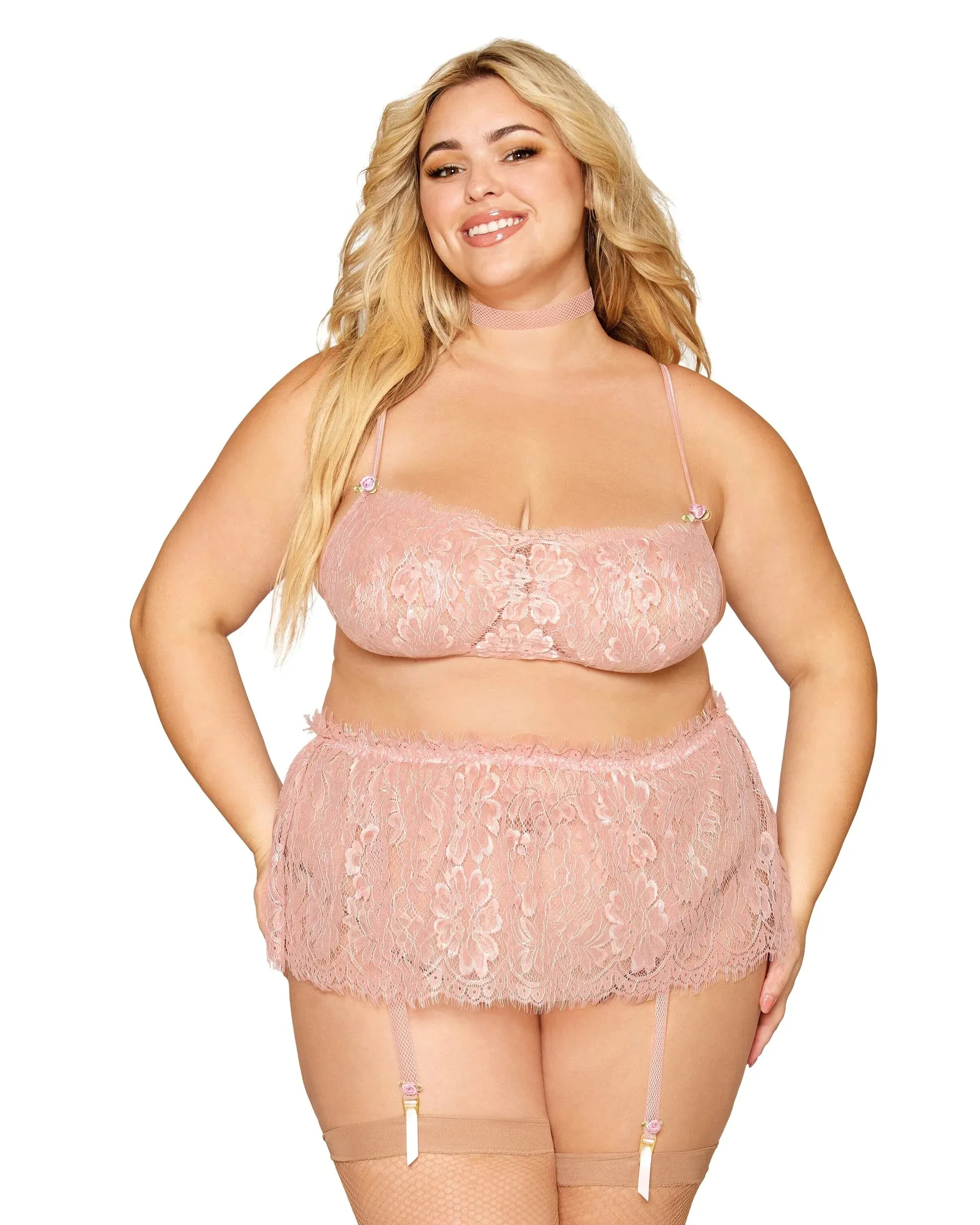 Eyelash Lace Bralette, Garter Skirt, & Choker Set with Satin Rosettes & Fishnet Elastic Trim
