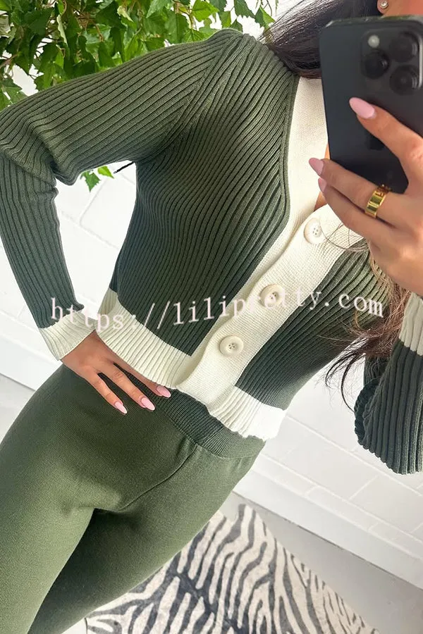 Fashionable Knit Colorblock Long Sleeve Cardigan and Elastic Waist Loose Stretch Pants Set