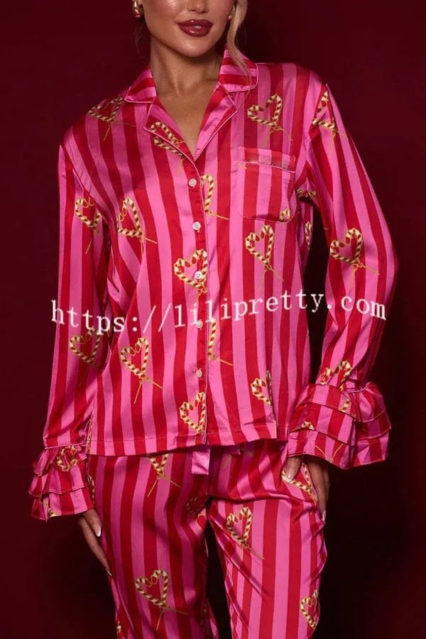 Festive Season Long Candy Stripe Tiered Bell Cuffs Elastic Waist Pocketed Pajama Set