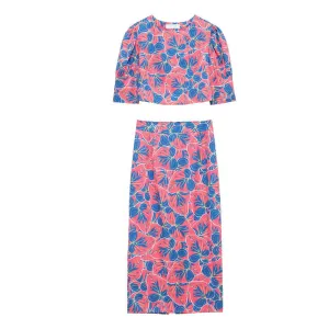 Floral Print Puffy Sleeve Blouse and Matching Skirt Set