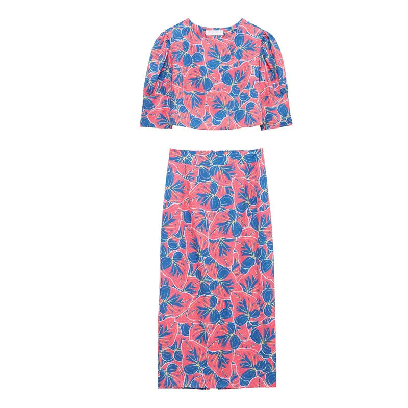 Floral Print Puffy Sleeve Blouse and Matching Skirt Set
