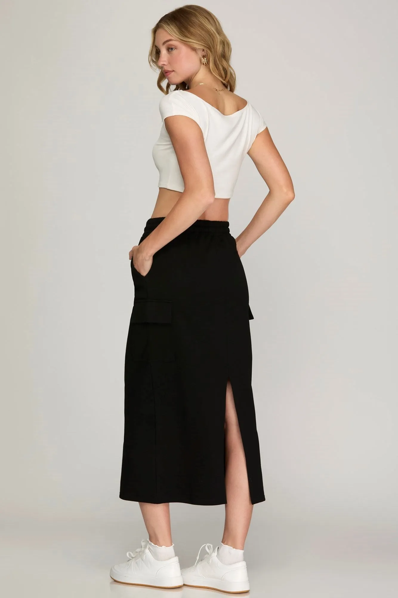 French Terry Knit Cargo Midi Skirt