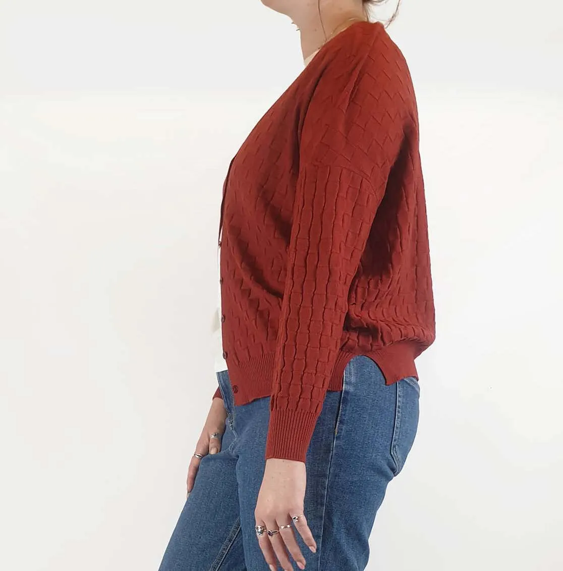 FROM red 100% merino wool criss cross knit cardigan size 12