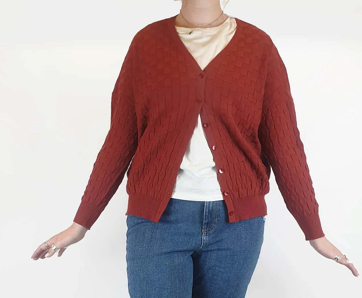 FROM red 100% merino wool criss cross knit cardigan size 12