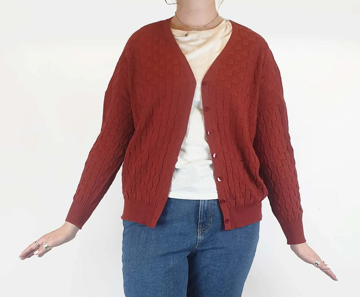 FROM red 100% merino wool criss cross knit cardigan size 12