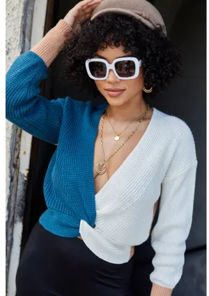 Front Knot Long Sleeve Color Block Sweater