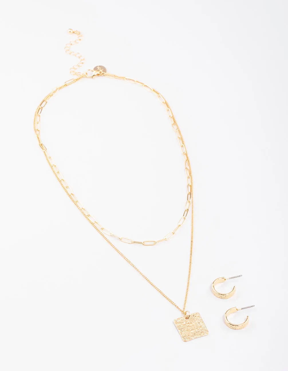 Gold Layered Textured Square Necklace & Earrings Set