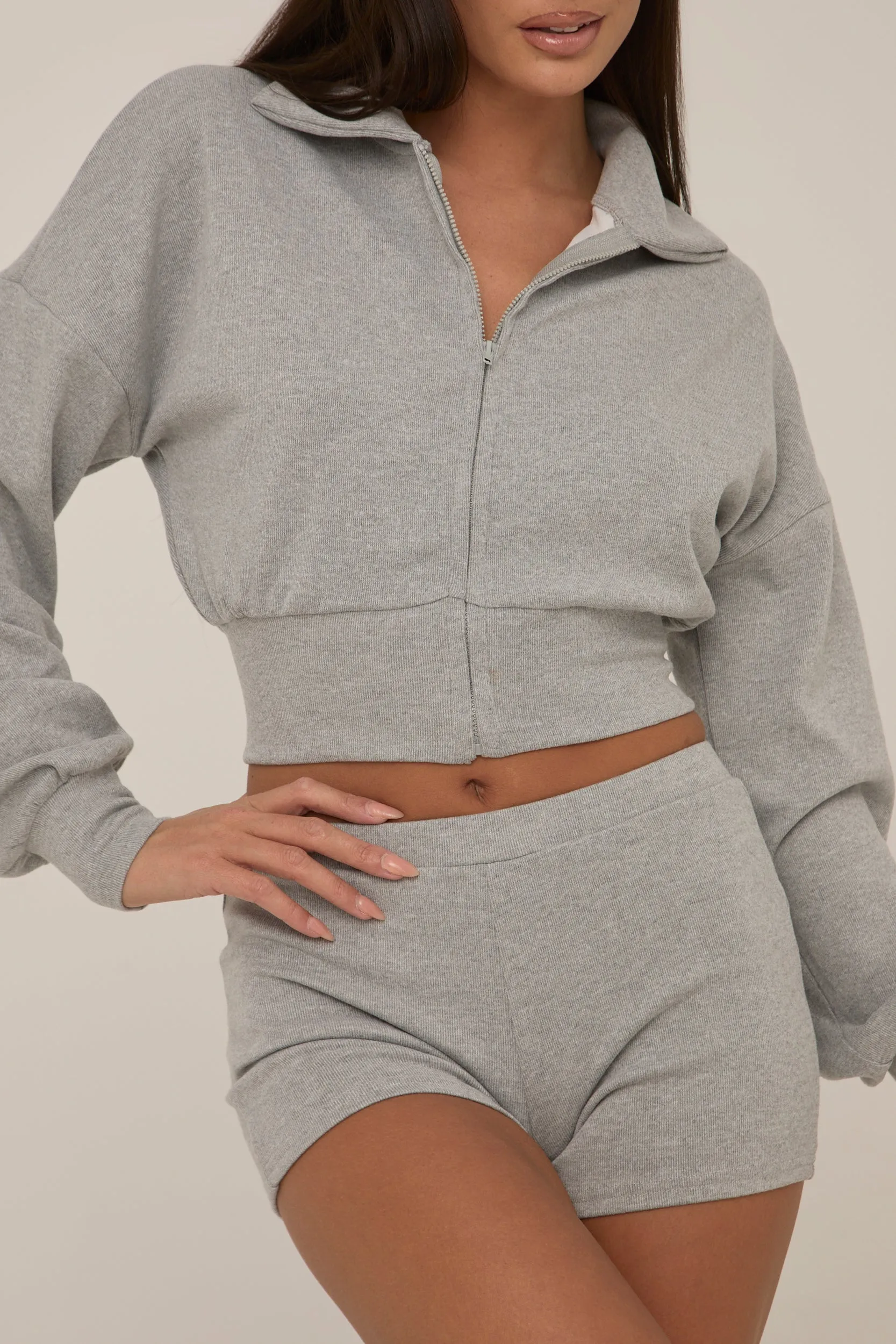Grey Zip Front Lounge Short Co-ord Set - Aurora