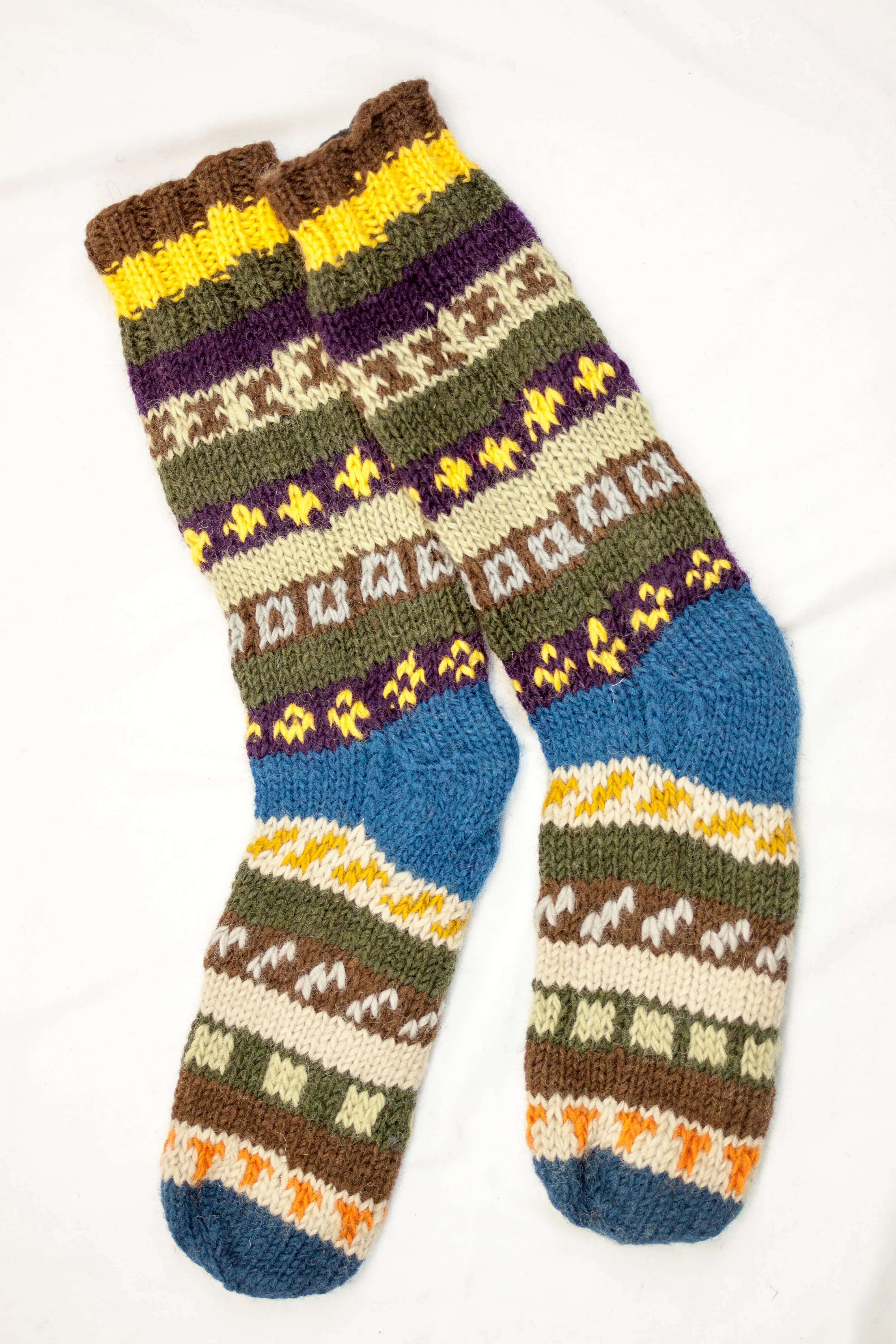 Hand knitted calf high woolen socks with inner fleece liner