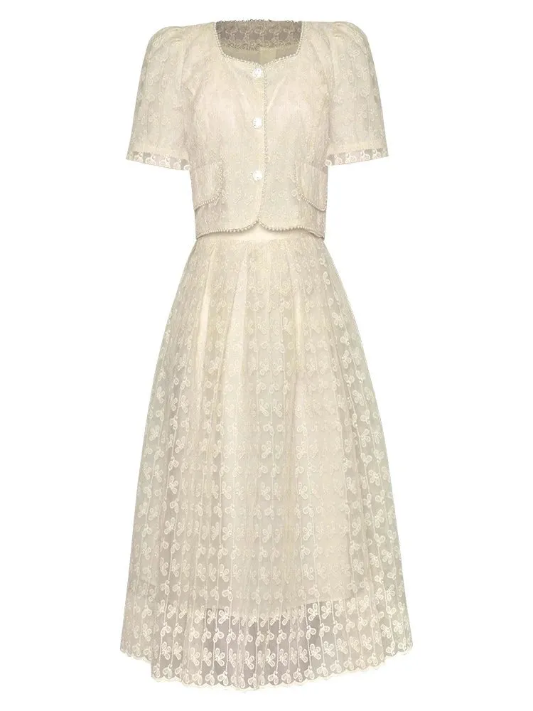 Harlow Square-Neck Single-Breasted Beading Tops A-Line Half skirt Embroidery 2 Piece Set