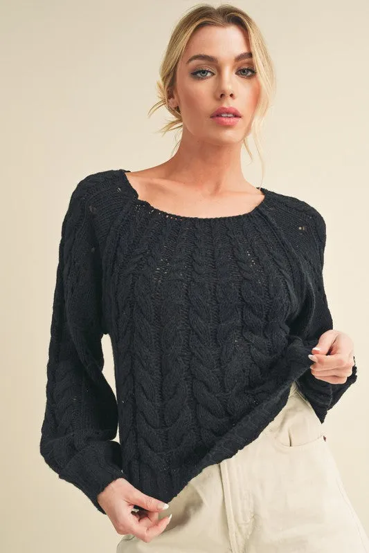 Hazel Blues® |  Aemi   Co Cable-Knit Openwork Round Neck Sweater