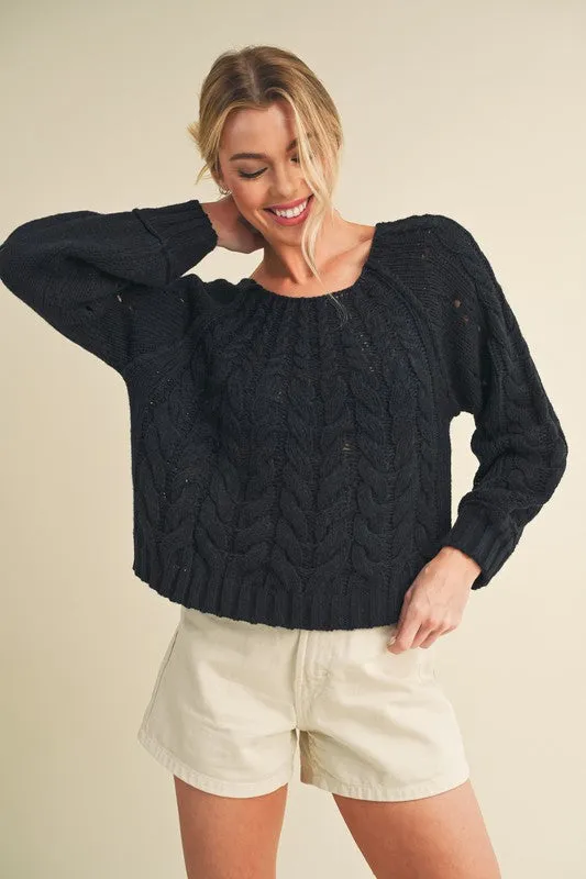 Hazel Blues® |  Aemi   Co Cable-Knit Openwork Round Neck Sweater