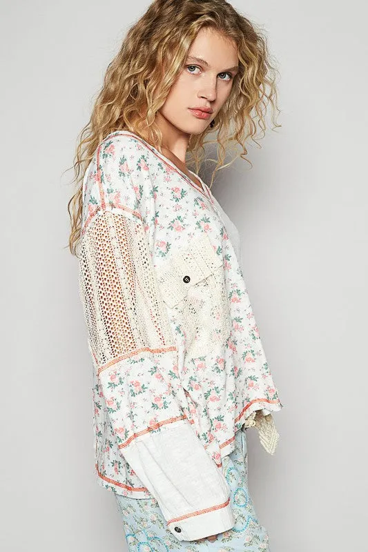 Hazel Blues® |  POL Floral Crochet Patch V-Neck Top