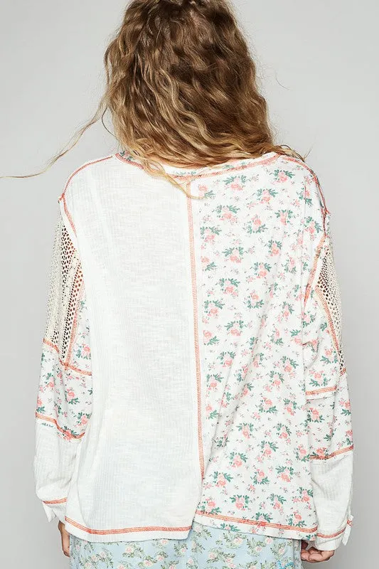 Hazel Blues® |  POL Floral Crochet Patch V-Neck Top
