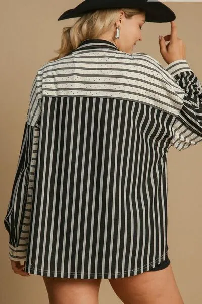 Hazel Blues® | Umgee Pointelle Stripped Half Button Collared Neck Top