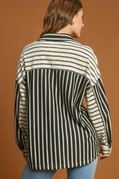 Hazel Blues® | Umgee Pointelle Stripped Half Button Collared Neck Top