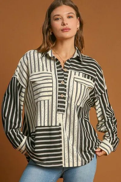 Hazel Blues® | Umgee Pointelle Stripped Half Button Collared Neck Top
