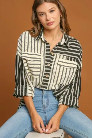 Hazel Blues® | Umgee Pointelle Stripped Half Button Collared Neck Top