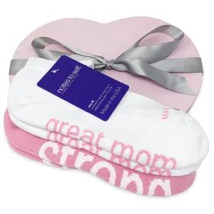 I am a great mom™ white socks   I am strong™ soft pink socks in pink heart box